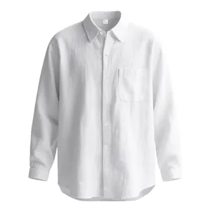 Camicia casual da uomo in cotone e lino bianco con colletto rovesciato e taschino sul petto