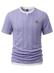 Detailed view of men's purple jacquard t-shirt with fake two-piece design and leather patch