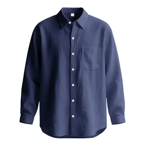 Vista frontale di una camicia casual da uomo a maniche lunghe in cotone e lino blu marino