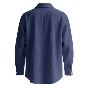 Vista posteriore di una camicia casual in cotone e lino blu navy a maniche lunghe.