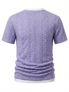 Back view of men's purple textured jacquard fake two-piece slim fit T-shirt