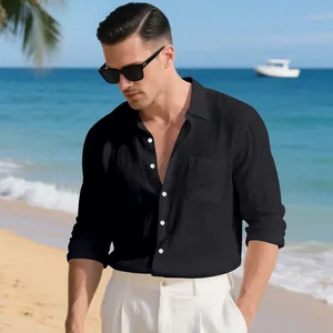 Chemise décontractée en coton et lin noir à manches longues pour homme style plage