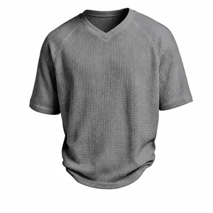 Men Casual Waffle Knit T-Shirt V-Neck Raglan Short Sleeve Top Solid Color Lightweight Summer Fashion Knit Shirt For Men