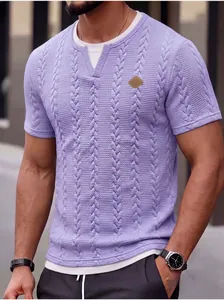 Men's purple slim-fit textured jacquard t-shirt with fake two-piece collar detail.