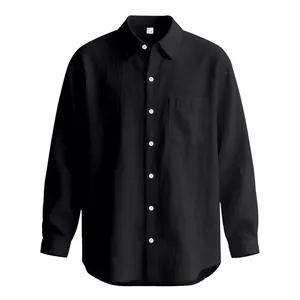 Vista frontale dettagliata di una camicia da uomo nera a maniche lunghe in cotone e lino