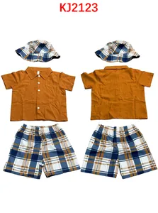 Detailed front and back views of boys' summer 3-piece set with orange shirt and plaid shorts