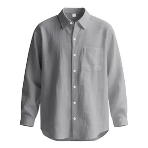 Camicia casual da uomo in cotone e lino grigio con colletto classico e taschino sul petto
