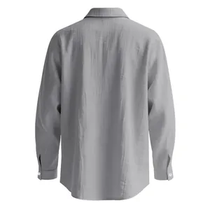 Vista posteriore di una camicia casual da uomo in cotone e lino grigio traspirante