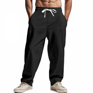 Loose fitting men's breathable summer wide-leg straight trousers in classic black color