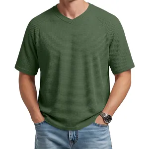 Men's green V-neck raglan waffle knit short sleeve t-shirt for casual summer style