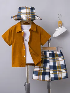 Boys summer set with ginger shirt, white tee, plaid shorts, and matching bucket hat