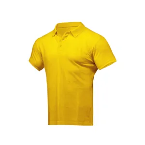 Vista dettagliata professionale di una polo a maniche corte giallo brillante per uomo.