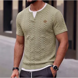Slim fit men's textured jacquard faux two-piece T-shirt with leather patch detail