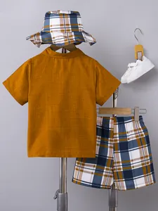 Boys summer breathable 3-piece set with mustard yellow shirt plaid shorts and hat