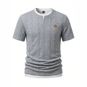 Men's gray cable-knit jacquard T-shirt with fake two-piece design and leather logo