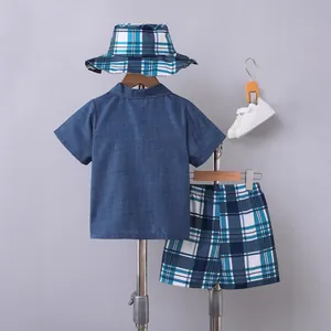 Conjunto de verano de 3 piezas para niño con camisa de cuadros, pantalones cortos y gorro a juego