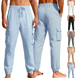 Mens linen cargo joggers with pockets and drawstring waist shown in multiple colors