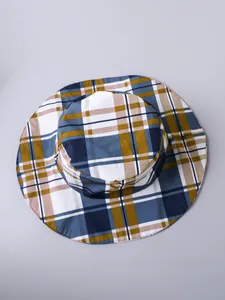 Detailed view of toddler boys plaid bucket hat with breathable wide brim for summer