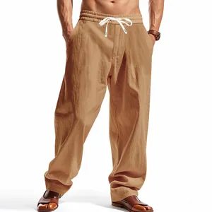 Men's loose wide-leg casual pants in breathable tan cotton fabric for summer wear