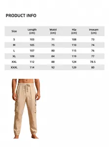 Detailed size chart for men's breathable linen cargo pants showing full front view image