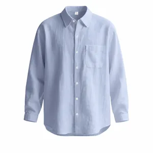 Chemise Décontractée en Lin pour Hommes Manches Longues à Revers Avec Poche Poitrine Couleur Unie Respirante Top de Plage