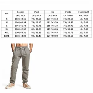 Comprehensive size chart and full-length view of men's vertical striped linen beach pants