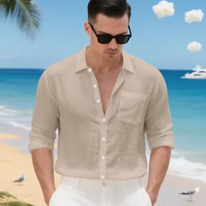 Chemise décontractée en lin pour hommes à manches longues et poche pour la plage