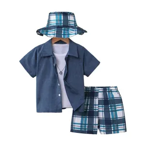 Conjunto casual de verano para niños con camisa a cuadros, pantalones cortos y gorro a juego