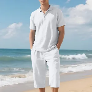 Detail of men's white linen two-piece beach set with Polo shirt and cropped pants