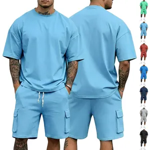 Men's loose casual sports two-piece set with t-shirt and cargo shorts in multiple colors