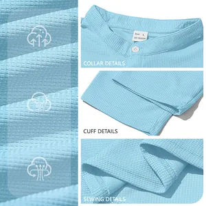 Detail view of light blue waffle knit Henley shirt collar, cuff and sewing