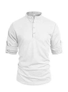 Detail view of white waffle knit Henley shirt with button placket and roll-up sleeves