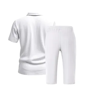 Back view detail of white breathable men's linen polo shirt and cropped pants set