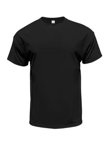 Men's loose black sports T-shirt detail showing fabric texture and neck label.