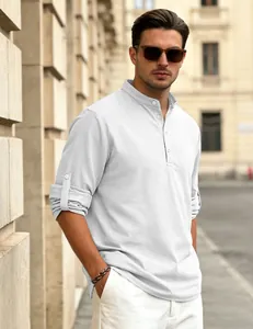 Detailed view of a white waffle knit Henley shirt featuring rollable long sleeves on a model