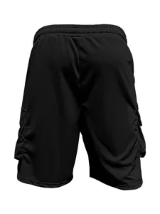 Rear view of black men's casual cargo shorts with elastic waistband and large side pockets