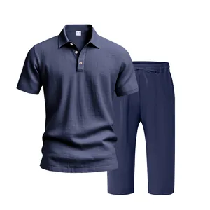 Ensemble polo à manches courtes et pantalon court en lin bleu marine pour hommes