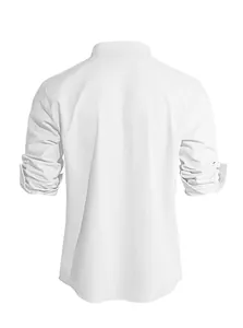 Back view of men's white Mandarin collar cotton linen shirt with breathable texture
