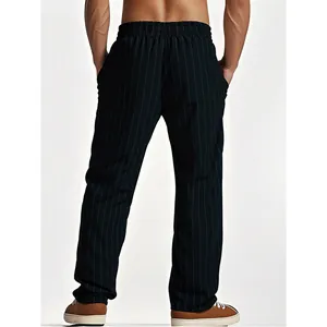 Men's vertical pinstriped straight-leg casual linen trousers back view