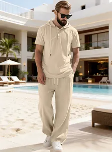Herren Beige Kapuzen-Kurzarmhemd und passende Hose für lässiges Strand-Resort-Set