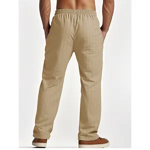 Rear view of breathable men's vertical striped linen blend casual beach pants in khaki