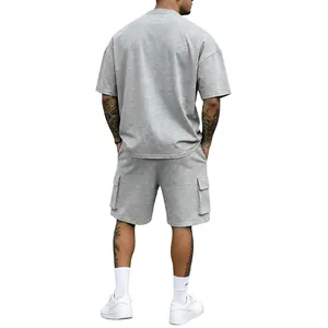Back view of grey casual men's summer t-shirt and cargo shorts two-piece set