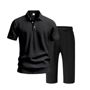 Ensemble polo et pantalon court en lin décontracté pour homme noir respirant
