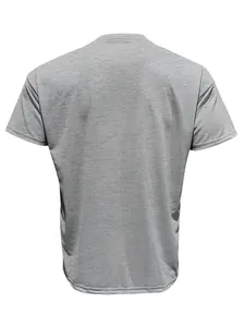 Rear view of a classic heather grey short-sleeved T-shirt with a plain back design.
