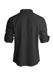 Back view of a black cotton linen shirt featuring textured fabric and a stand collar