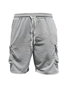 Grey casual men's cargo shorts with elastic drawstring waist and spacious side pockets