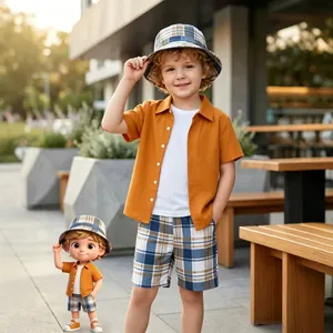 Boys' summer plaid shirt and shorts set with matching bucket hat for casual outdoor wear.