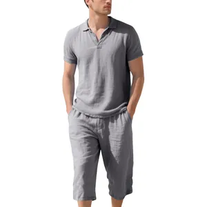 Detailed view of grey men's linen casual polo shirt and matching cropped pants set.