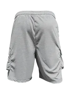Back view of men's loose casual grey cargo shorts with elastic waist