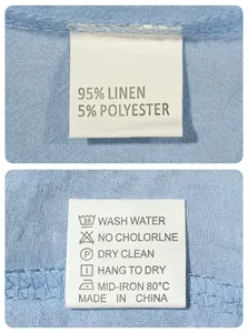 Close-up of garment care label showing 95% linen and 5% polyester fabric composition